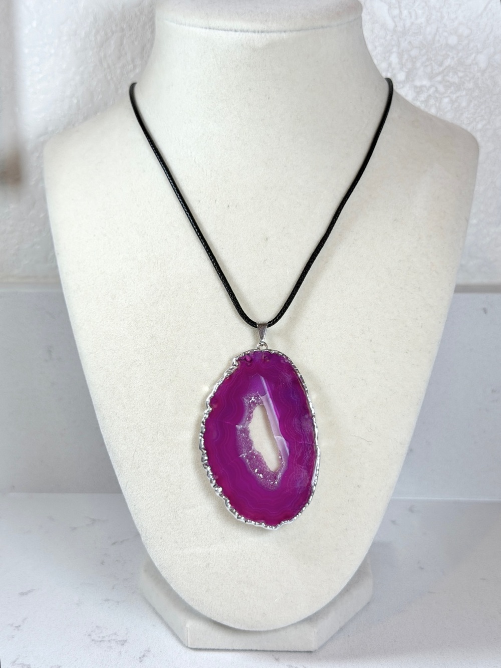 Hot Pink Agate Geode Slice Pendant Necklace Edged with Silver
